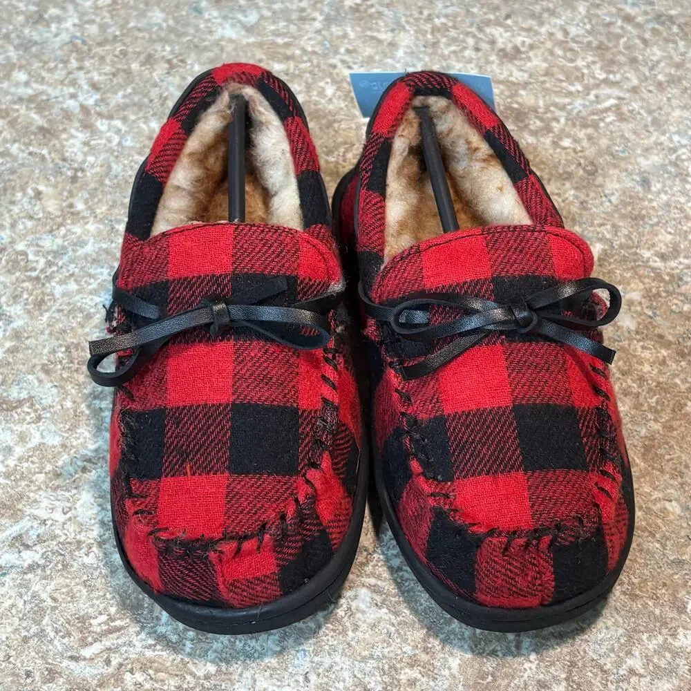 Norty Red & Black Moccasin Slip on Fleece Buffalo Check Slippers Size 11 Boy new